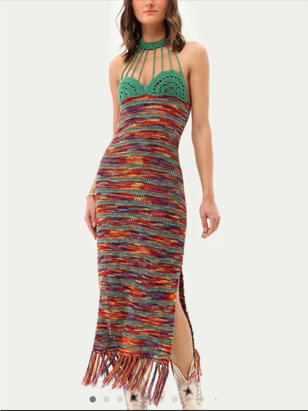 Cider Crochet Multicolor Midi Dress with Green Yoke | Size Small